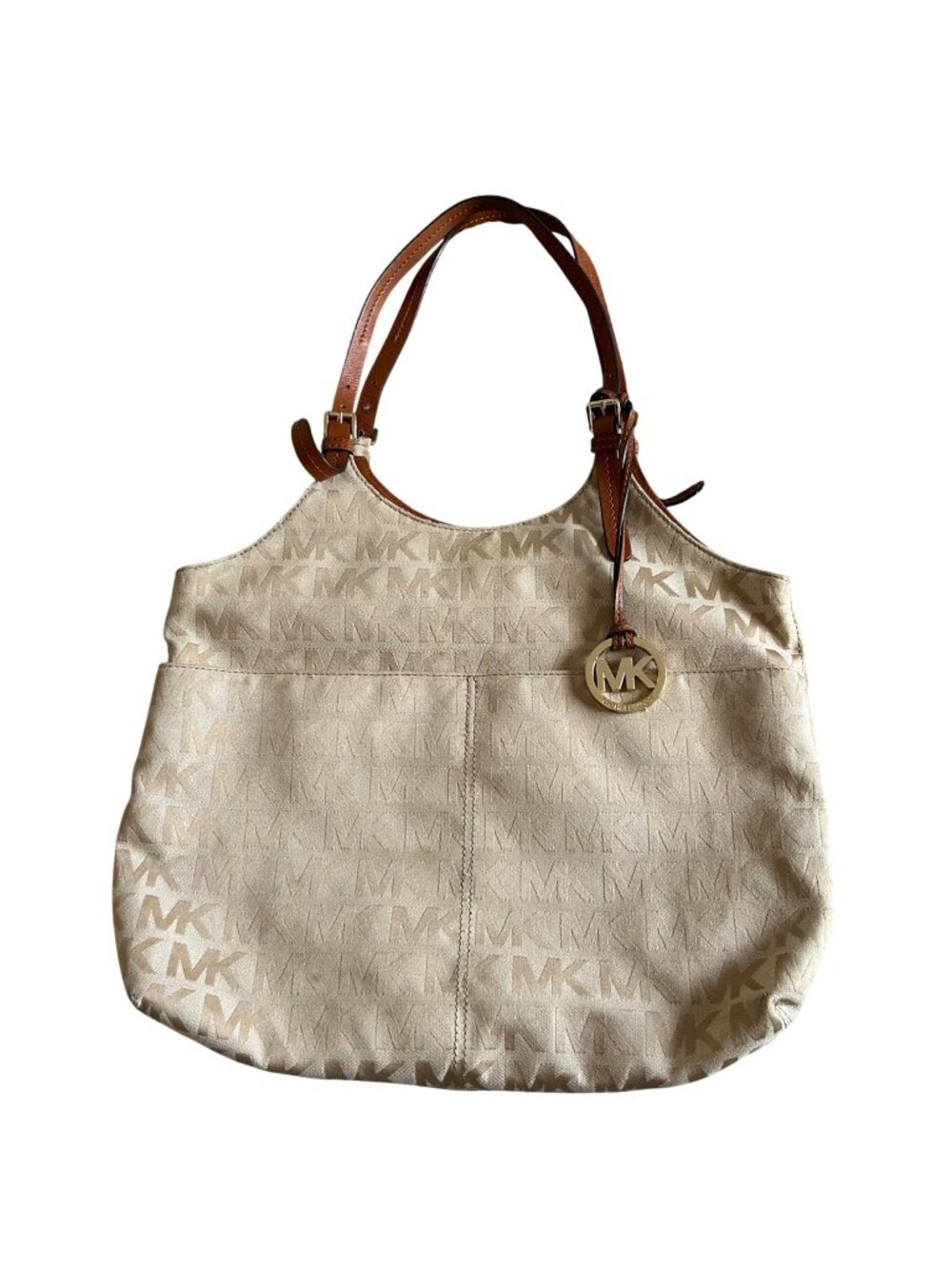 Michael Kors Y2K Women's Beige MK Logo Canvas Tote With Brown Leather Straps